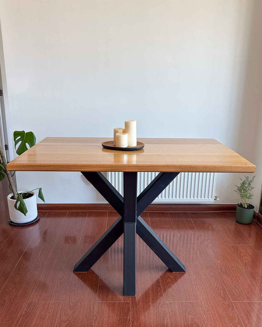 Mesa de comedor de madera patas forma de x, estilo industrial